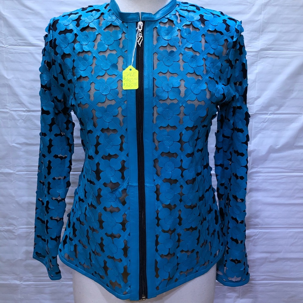 Turquoise color leather and mesh jacket